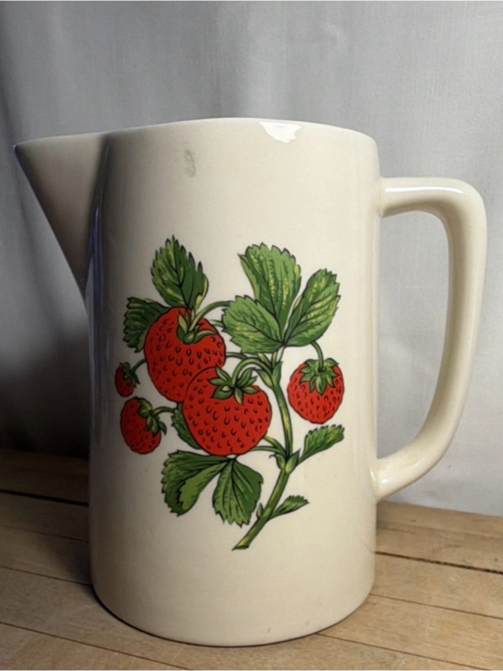 Cream Ceramic Pitcher with Red Strawberry Design